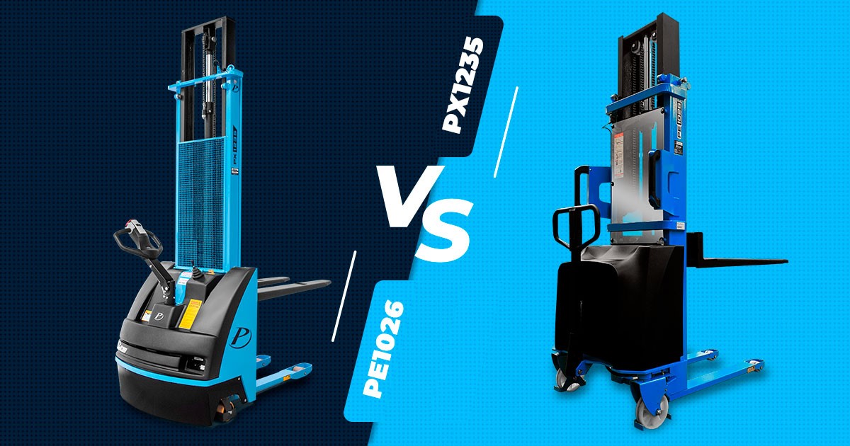 Comparação entre empilhadeira semi elétrica PE1026 e empilhadeira patolada elétrica PX1235