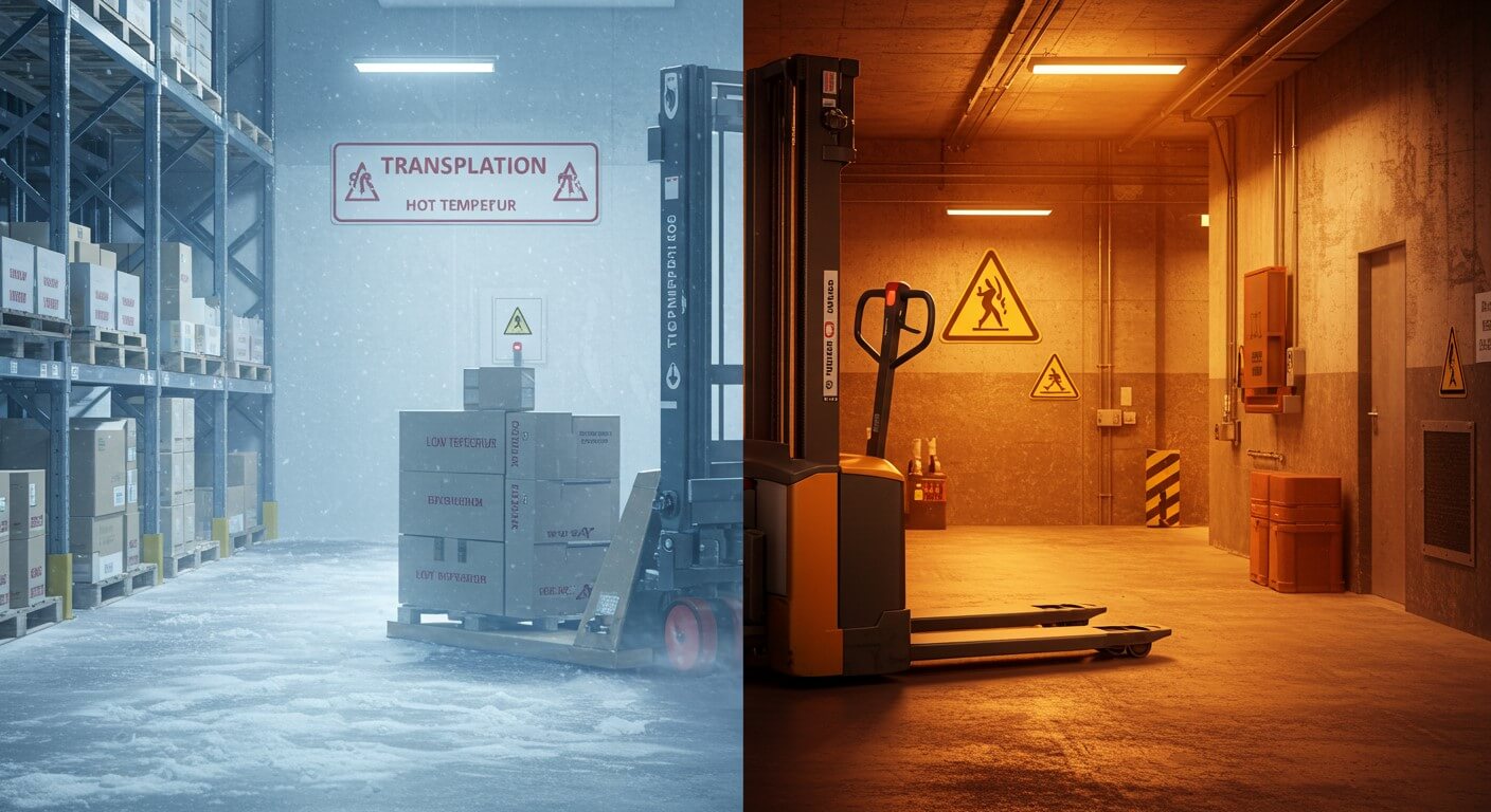 Um dos equipamentos Transpalet sendo usados em ambientes diferentes, com temperaturas opostas.
