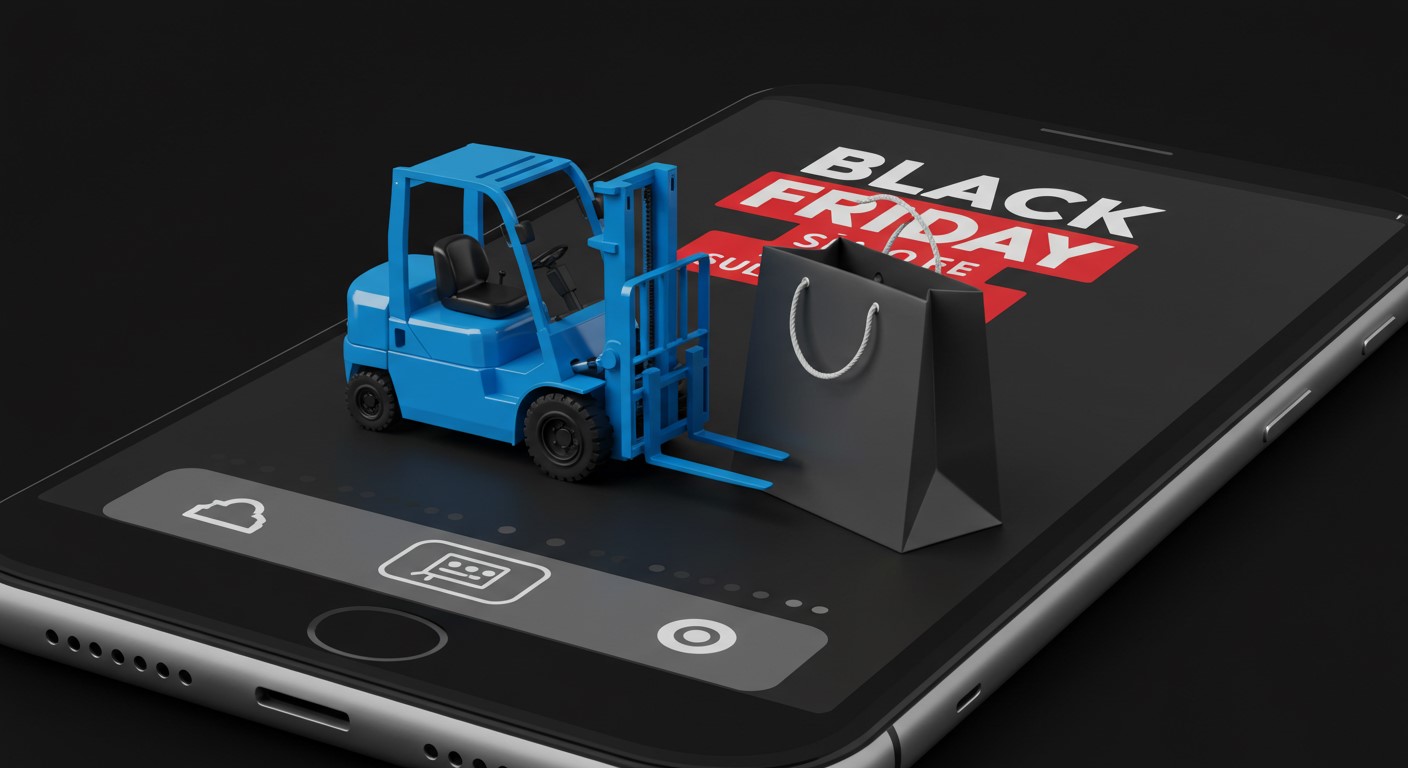 Empilhadeira vista de um celular operando na Black Friday.