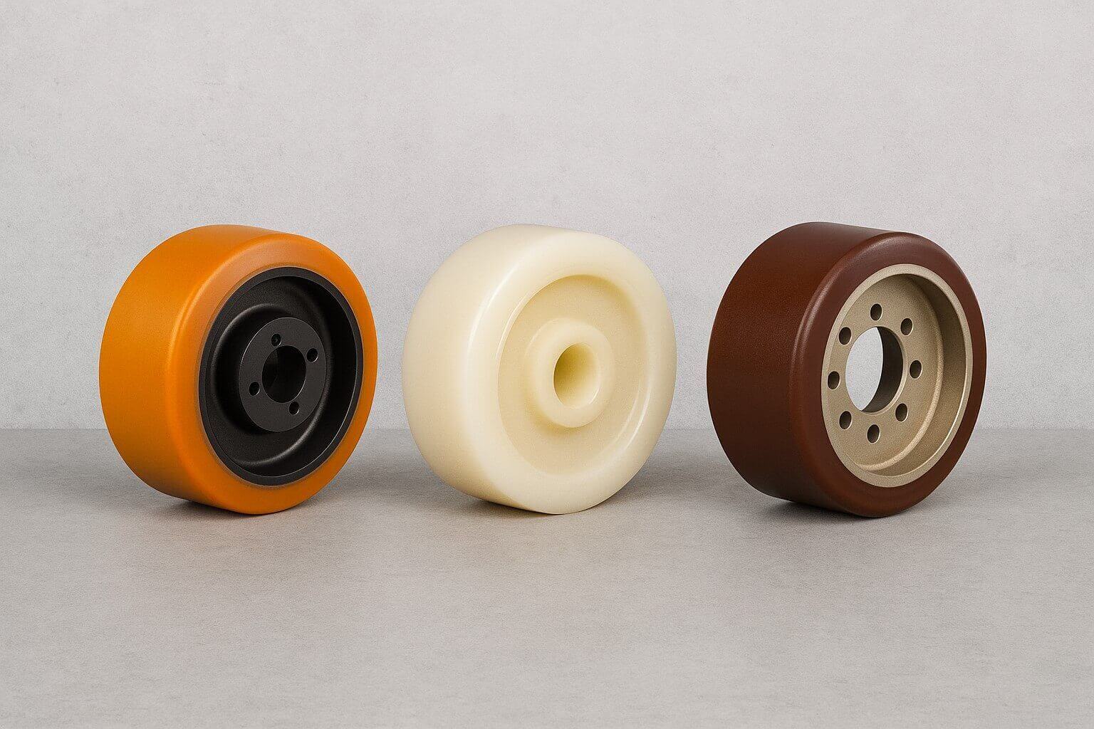 Rodas de PU vs. nylon vs. poliuretano. Uma ao lado da outra em comparativo.