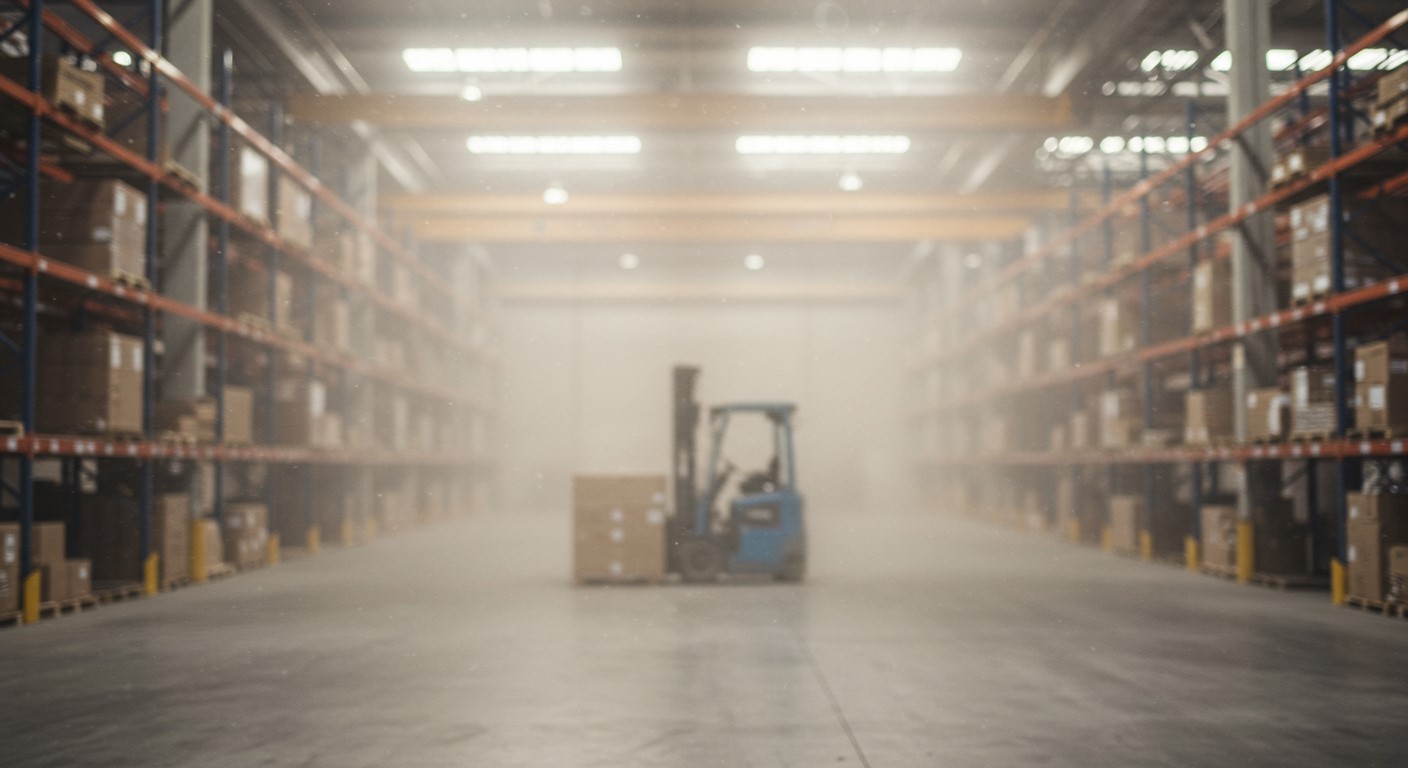 Empilhadeira em um armazén cheio de poeira.