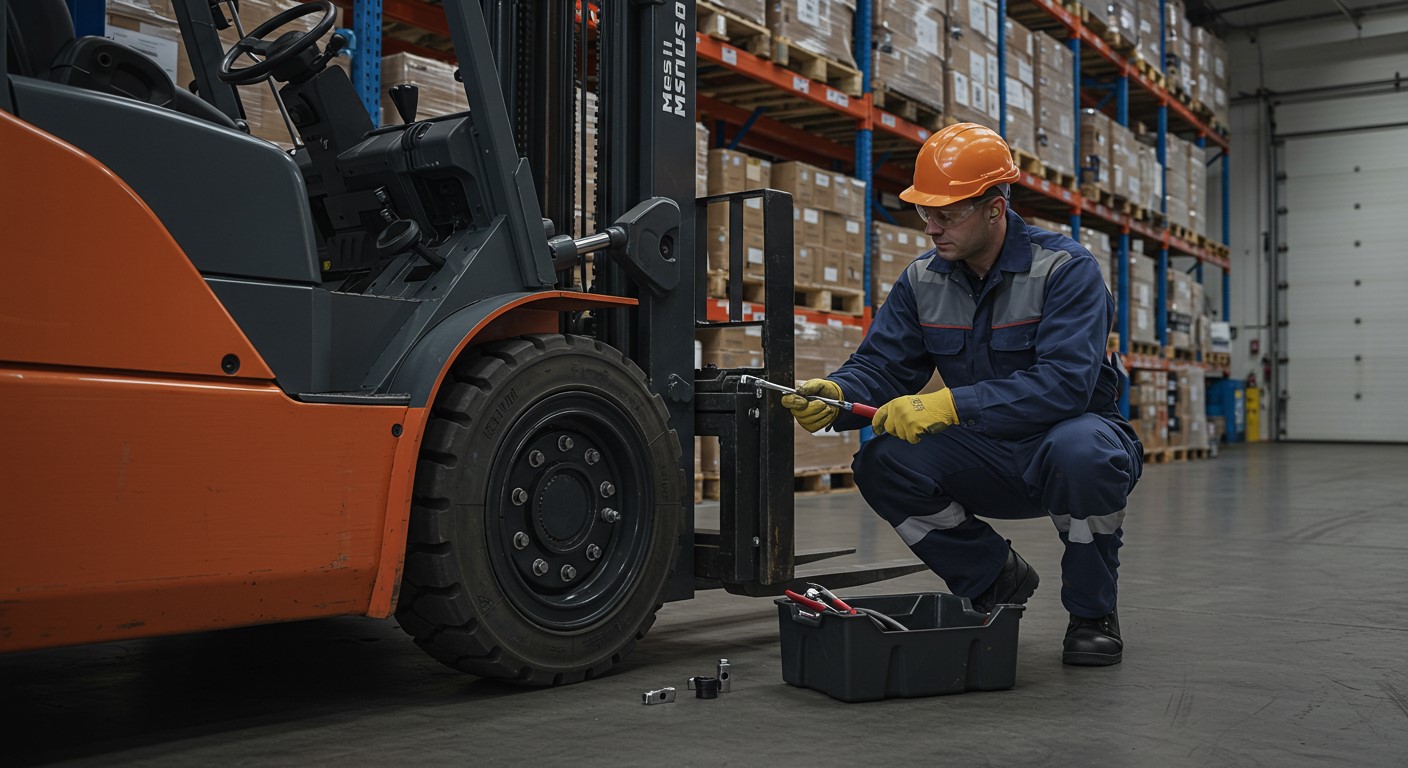 Técnico a calibrar o freio e sistema de frenagem de uma empilhadeira