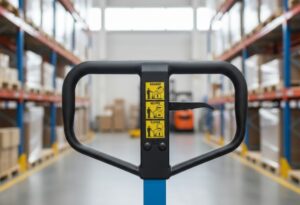 Grande plano do acionador manual de uma transpaleteira em um armazém, com foco na manopla preta e na alavanca de comando que exibe instruções gráficas para baixar, colocar em neutro e elevar a carga.