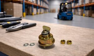 Em primeiro plano, sobre uma bancada de madeira, destaca-se uma chave corta-corrente metálica de cor dourada, acompanhada por duas porcas e duas arruelas. Ao lado, encontram-se ferramentas de manutenção, como alicates. O fundo da imagem mostra um armazém industrial com prateleiras altas e uma empilhadeira azul em operação, reforçando o contexto de segurança no trabalho.