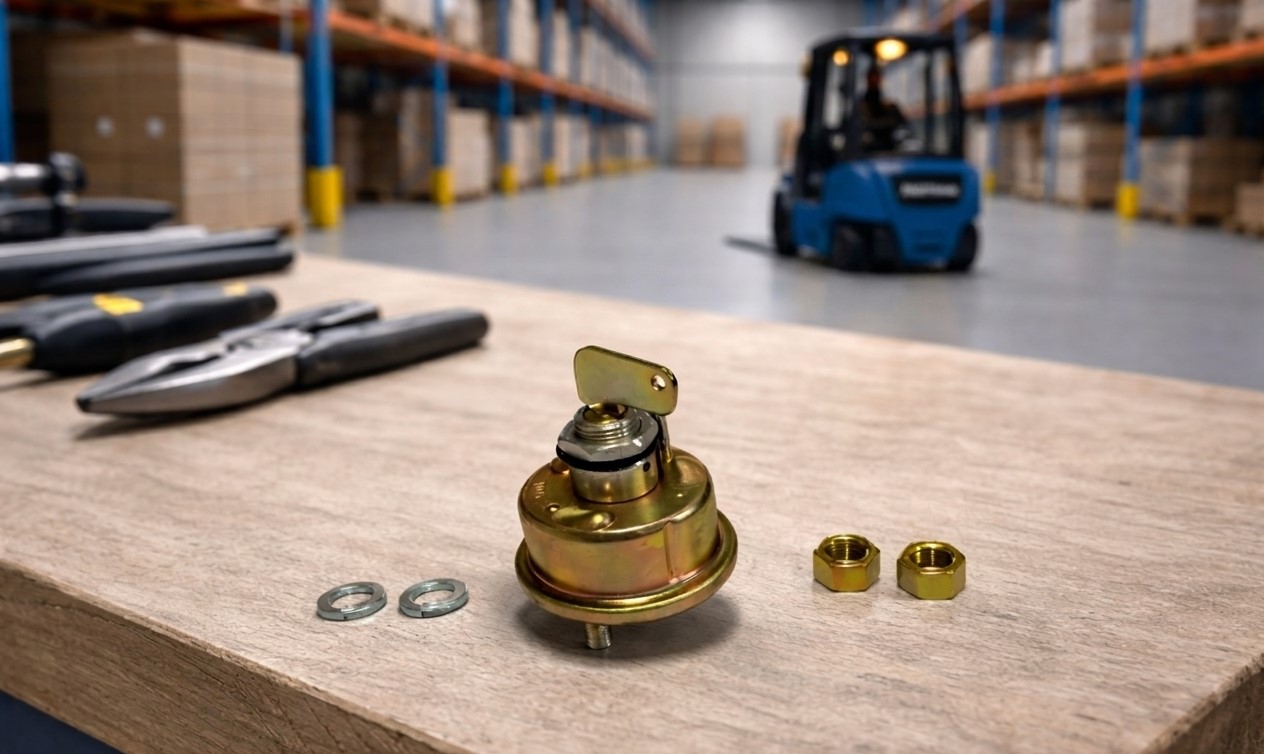 Em primeiro plano, sobre uma bancada de madeira, destaca-se uma chave corta-corrente metálica de cor dourada, acompanhada por duas porcas e duas arruelas. Ao lado, encontram-se ferramentas de manutenção, como alicates. O fundo da imagem mostra um armazém industrial com prateleiras altas e uma empilhadeira azul em operação, reforçando o contexto de segurança no trabalho.