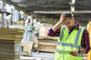 Operador de colete refletivo expressando dúvida ao consultar um tablet em uma fábrica. Ele avalia se é o momento de substituir o acelerador completo do motor dos modelos TE18 ou TE25, em meio a materiais de produção.